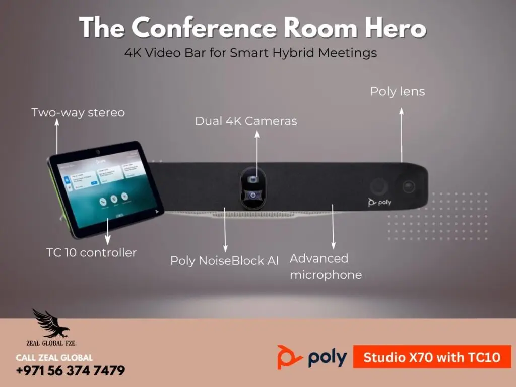 Poly Studio X70 with TC10 video bar for hybrid meetings